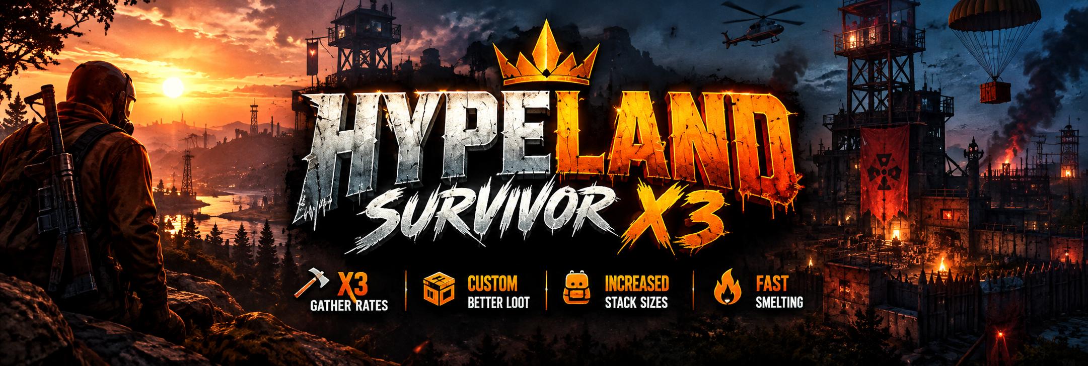 HypeLand Survivor x3 banner featuring a crowned HypeLand logo, a survivor and a fortified base at sunset